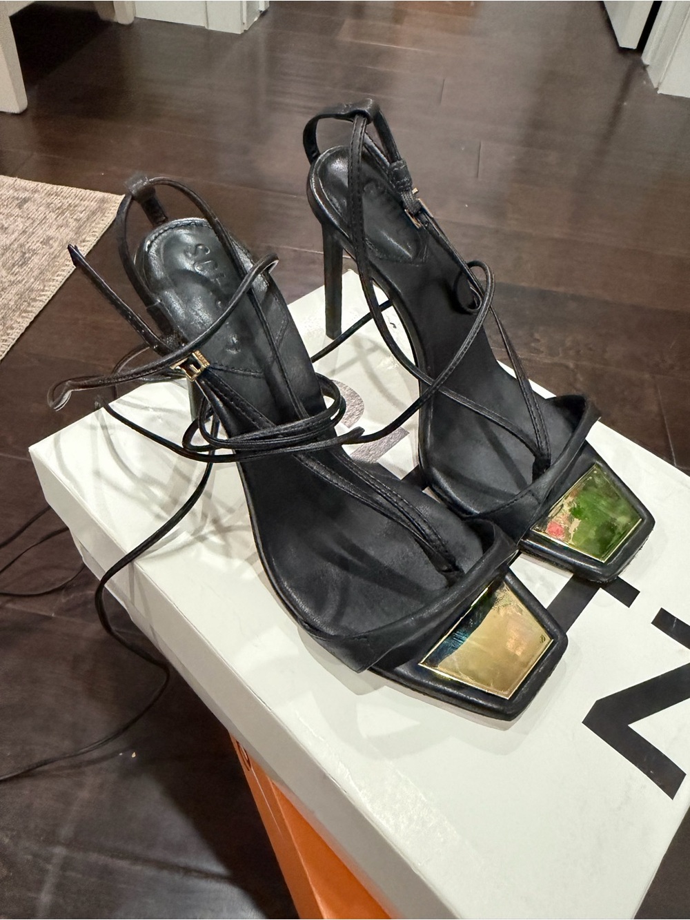 Schutz Vickii Black Strappy High Heel Sandals with Metallic Accent 7.5